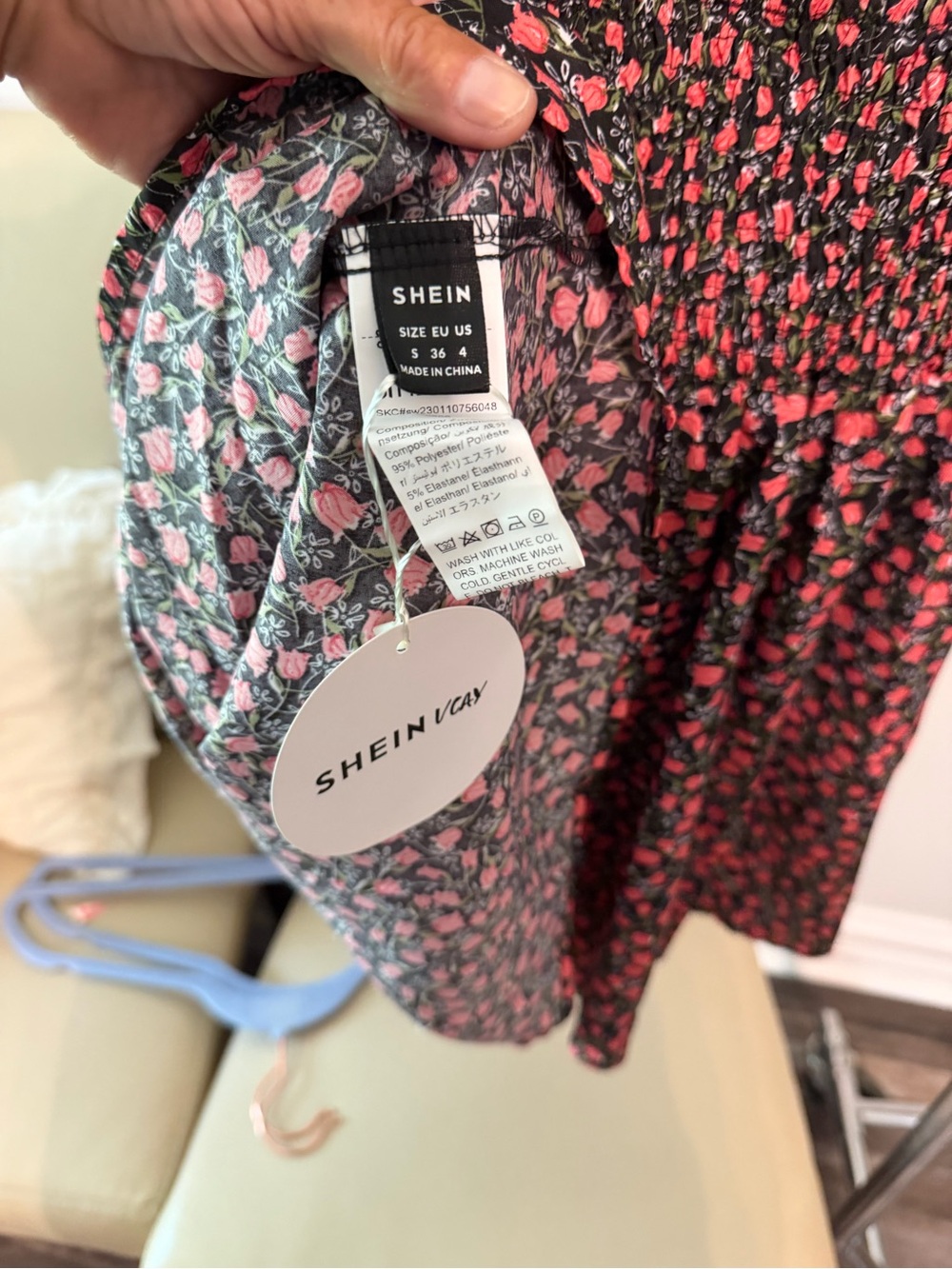 SHEIN Black Strapless Smocked Dress with Pink Floral Print
